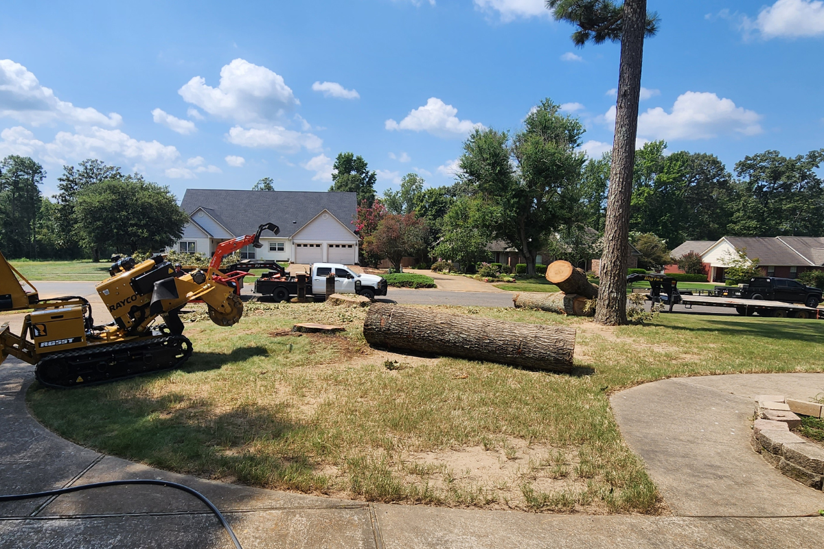 Large tree stump being ground down during stump removal service in Arkansas